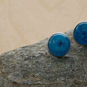 Boucles d'oreilles rondes bleues et blanches sur support rond , diamètre de 16mm